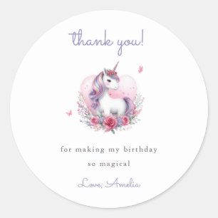 Whimsical Watercolor Unicorn Lila Danke Runder Aufkleber