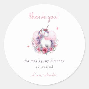 Whimsical Watercolor Unicorn Pink Vielen Dank Runder Aufkleber