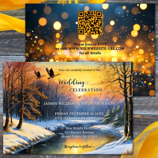 Whimsical Watercolor Winter All-in-One Hochzeit Einladung (Winter wedding invitation featuring a whimsical watercolor painting of snow covered forest at sunset)