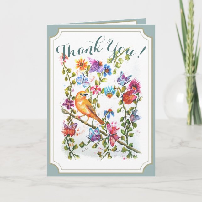 Whimsical Watercolor Yellow Bird DANKE (Vorderseite)