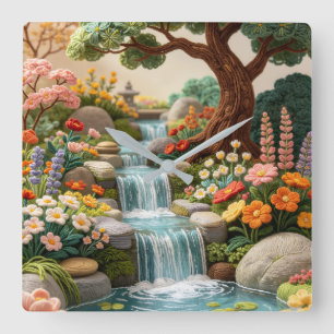 Whimsical Waterfall-Garten – Stickerei-Stil Quadratische Wanduhr