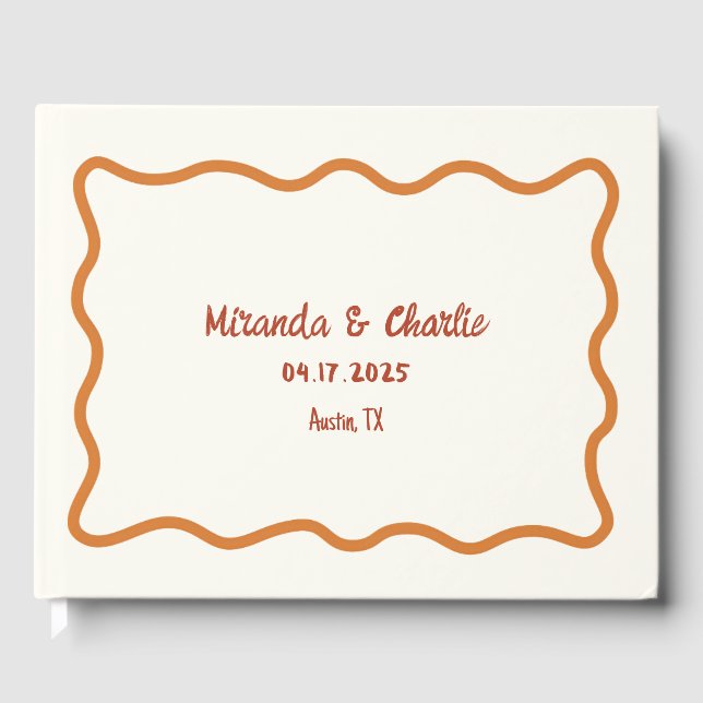 Whimsical Wavy Border 70er Burnt Orange Wedding Gästebuch (Vorderseite)