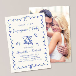 Whimsical Wavy Frame Blue Photo Engagement Party Einladung