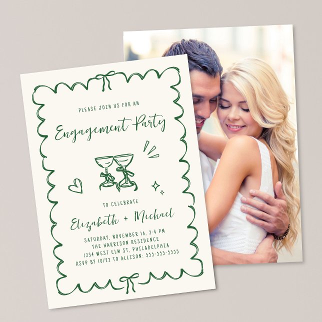 Whimsical Wavy Frame Photo Green Engagement Party Einladung (Von Creator hochgeladen)