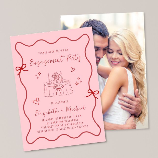 Whimsical Wavy Frame Pink Photo Engagement Party Einladung (Von Creator hochgeladen)