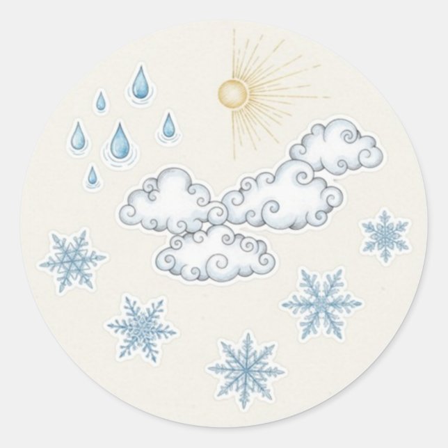 Whimsical Weather Icons – Sun Clouds Rain and Snow Runder Aufkleber (Vorderseite)