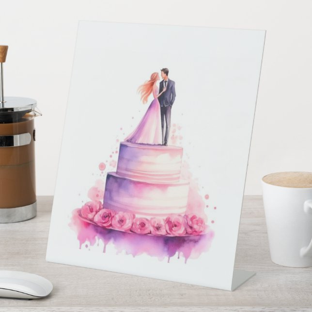 Whimsical Wedding Cake Couple Sign - Romantic Wate Sockelschild (In Situ)