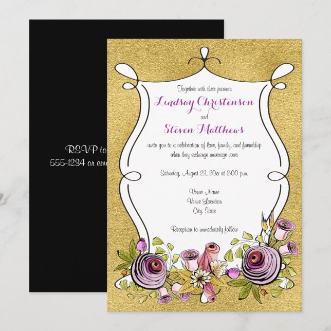 Whimsical Wedding Invite | IMITATE Goldfolie, Blum Einladung (Vorne/Hinten)