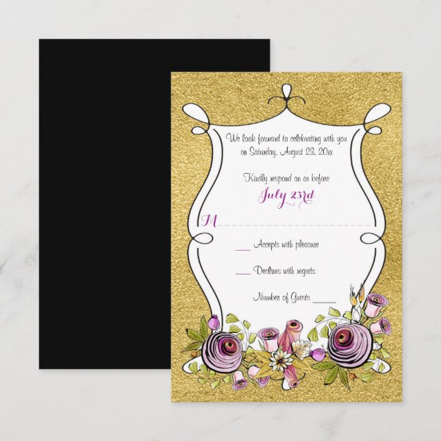 Whimsical Wedding RSVP | IMITATE Goldfolie, Blume Einladung (Vorne/Hinten)