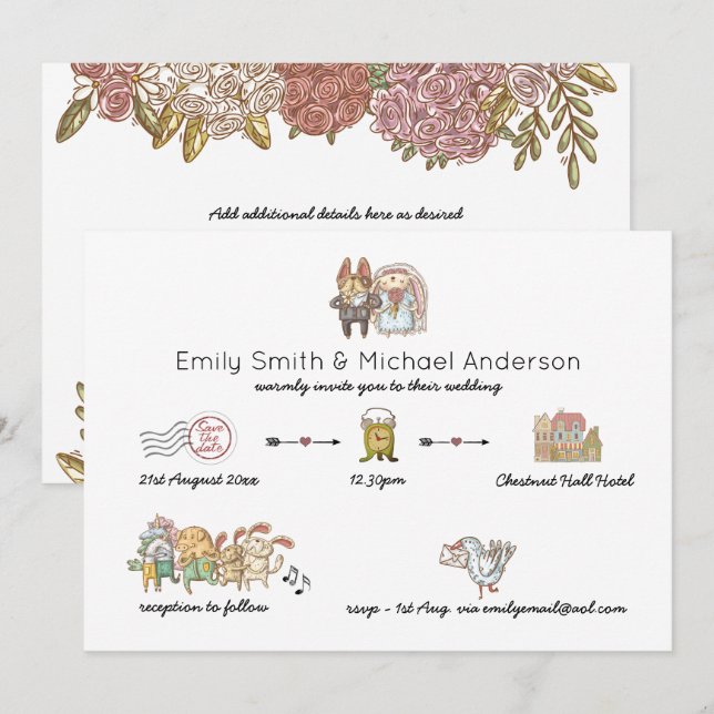 Whimsical Wedding Timeline Doodle Art Einladungen (Vorne/Hinten)