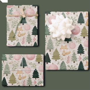 Whimsical Weihnachtsbaum mit Winterfuchs Pastell Geschenkpapier Set