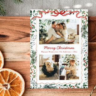Whimsical Weihnachtsgrün Coquette Bow 3 Foto Feiertagskarte
