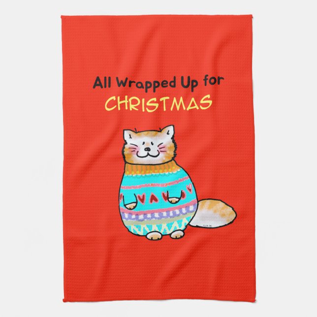 Whimsical Weihnachtskatze Urlaubsfreude Geschirrtuch (Vertikal)