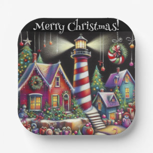 Whimsical WeihnachtsLeuchtturm Personalisiert Pappteller