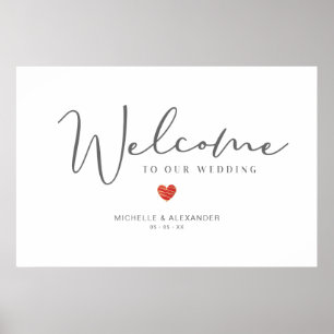 Whimsical Welcome Guests Wedding Red Heart Sign Poster