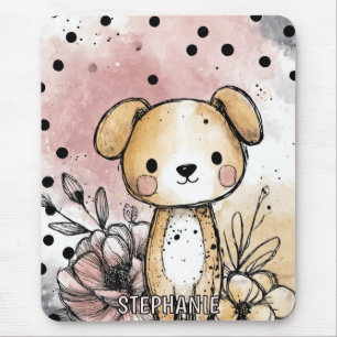 Whimsical Welpen-Blumen-Aquarell-Kunst (1) Mousepad