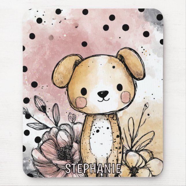 Whimsical Welpen-Blumen-Aquarell-Kunst (1) Mousepad (Vorne)