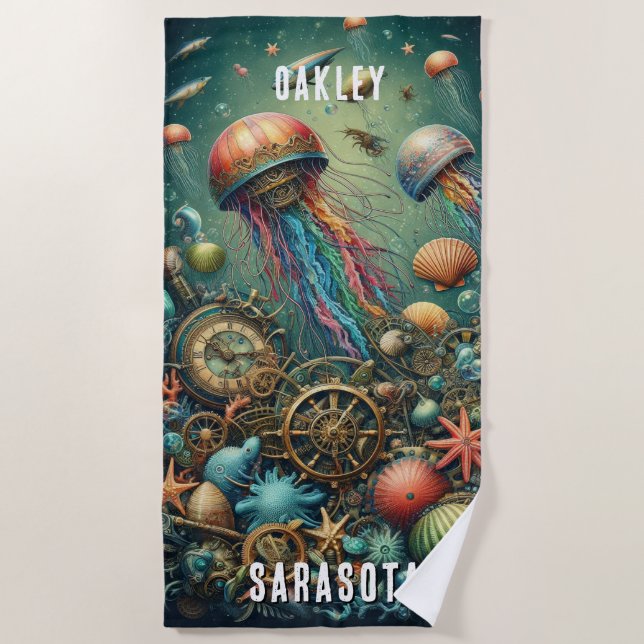 WHIMSICAL WHACKFUNKY STEAMPUNK JELLYFISH STRANDTUCH (Vorderseite)