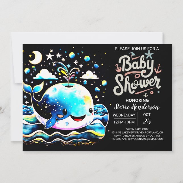 Whimsical Whale Blue Boy Baby Dusche Einladung (Vorderseite)