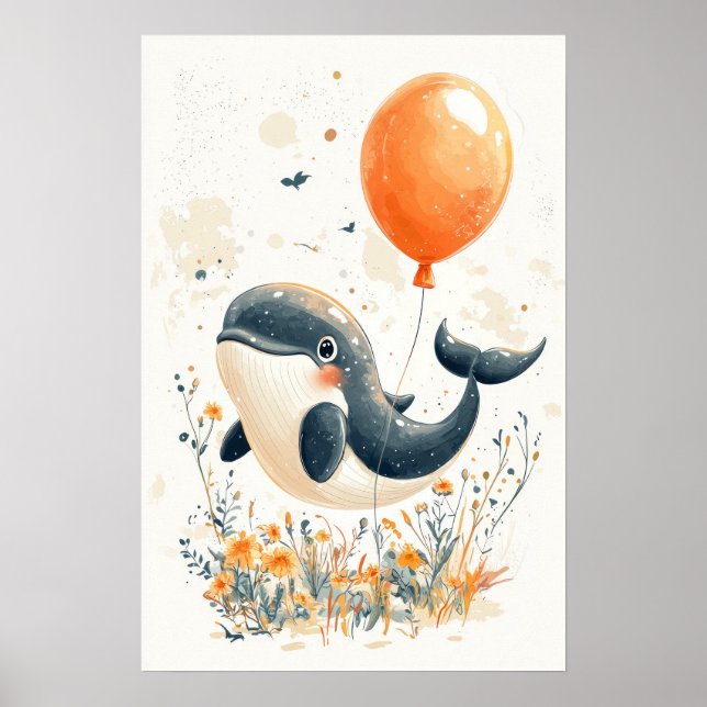 Whimsical Whale Illustration mit Orange Balloon A Poster (Vorne)