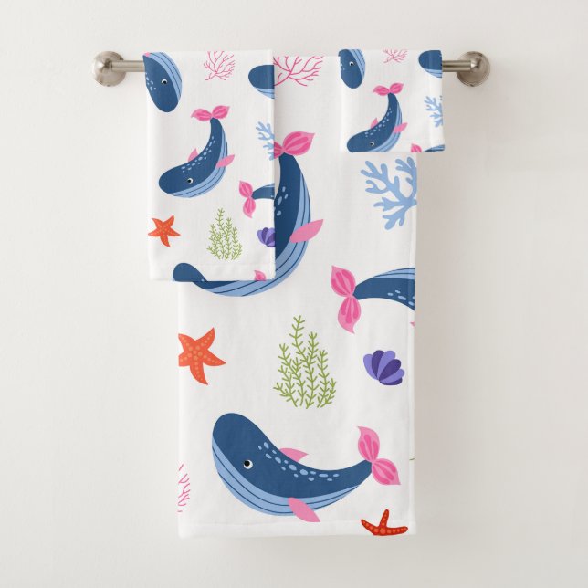 Whimsical Whales and Coral Seamless Pattern Badhandtuch Set (Insitu)
