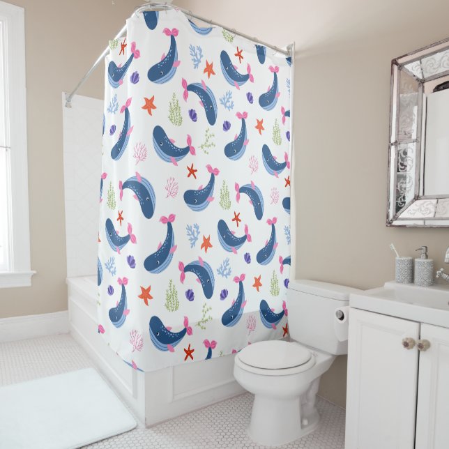 Whimsical Whales and Coral Seamless Pattern Duschvorhang (Beispiel)