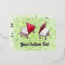 Whimsical Wheels & Piano Postcard Limone Creme Folien Feiertagspostkarte