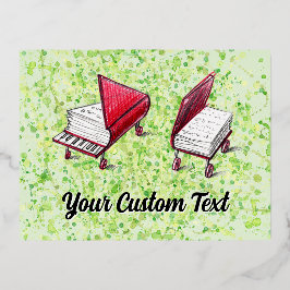 Whimsical Wheels & Piano Postcard Limone Creme Folien Feiertagspostkarte