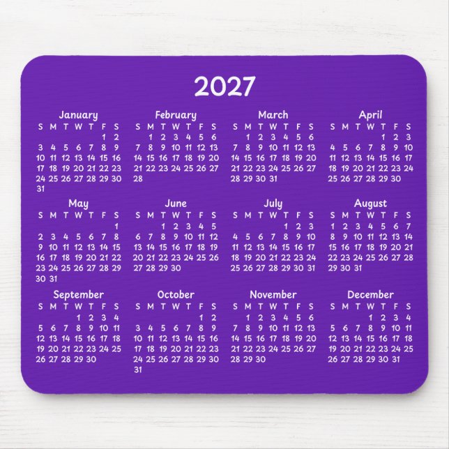 Whimsical White 2027 Kalender auf Lila Mousepad (Vorne)