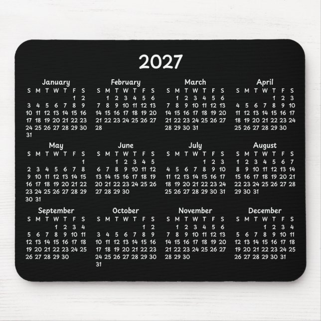 Whimsical White 2027 Kalender auf Schwarz Mousepad (Vorne)