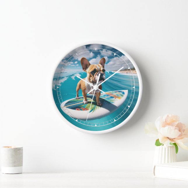 Whimsical White and Tan Surfing French Bulldog Uhr (Zuhause)