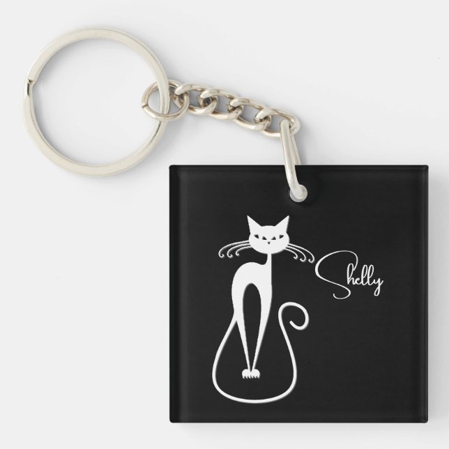 Whimsical White Cat Personal Schlüsselanhänger (Vorderseite)