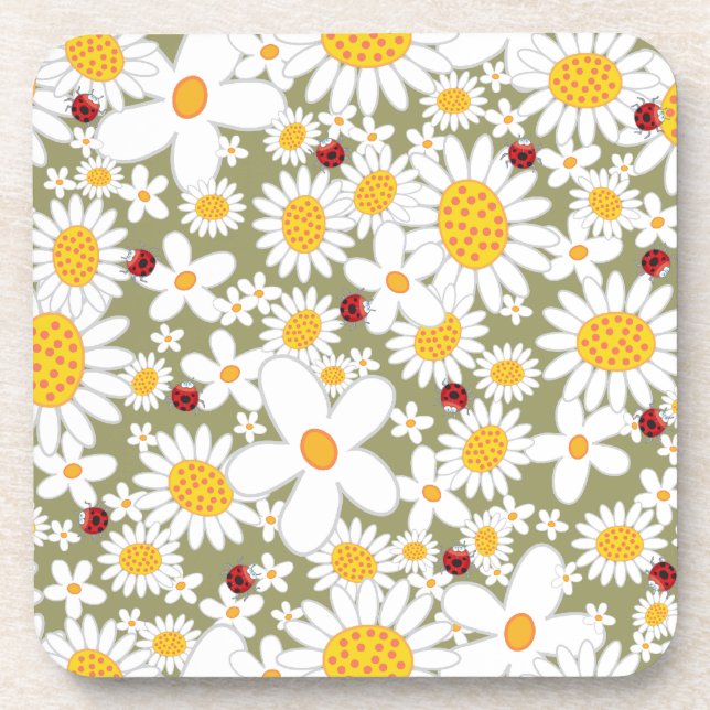 Whimsical White Daisies Ladybugs Blume Cork Coas Getränkeuntersetzer (Vorderseite)