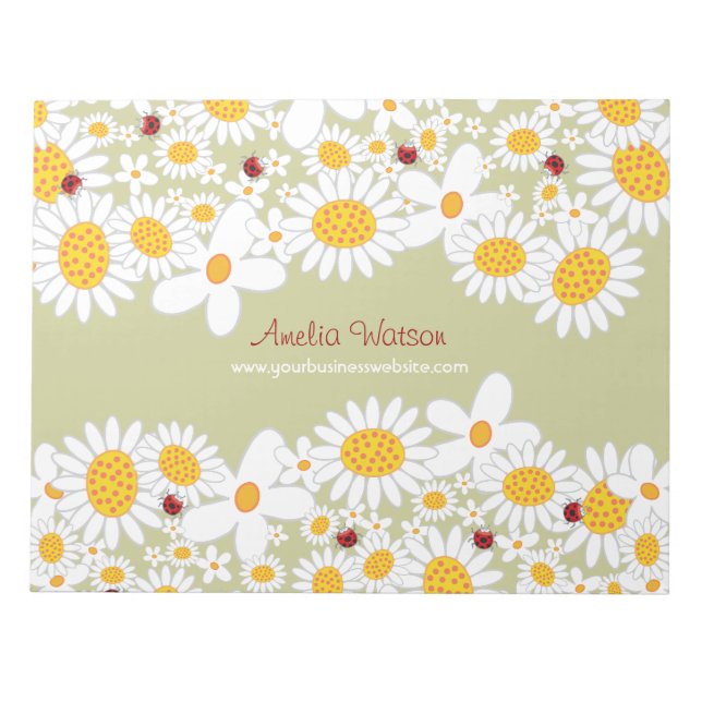 Whimsical White Daisies Ladybugs Blume Notepad Notizblock (Vorderseite)