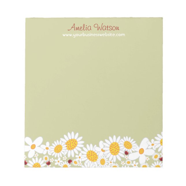 Whimsical White Daisies Ladybugs Blume Notepad Notizblock (Vorderseite)