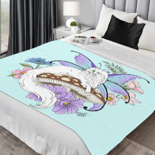 Whimsical White Feenkatze Blaue Pilz Fantasie Fleecedecke