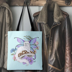 Whimsical White Feenkatze Blaue Pilz Fantasy