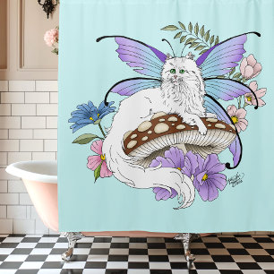 Whimsical White Feenkatze Blaue Pilz Fantasy Duschvorhang