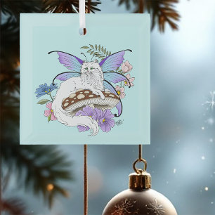 Whimsical White Feenkatze Blaue Pilz Fantasy Ornament Aus Glas