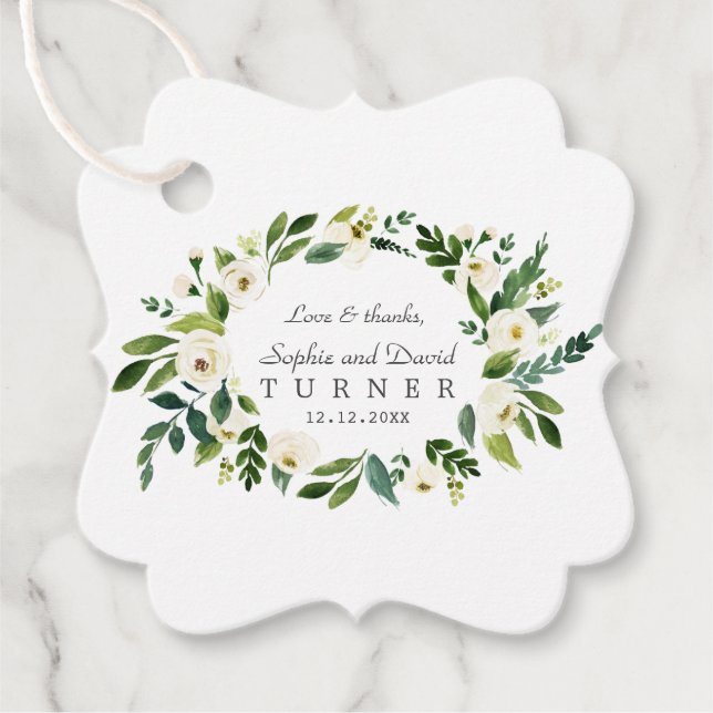 Whimsical White Floral Wreath Handwriting Wedding Geschenkanhänger (Vorderseite)