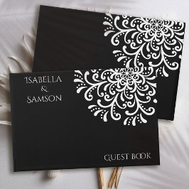 Whimsical White on Black Blüh Wedding Gästebuch