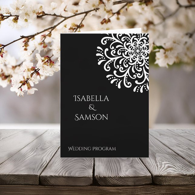 Whimsical White on Black Blüh Wedding Programm (Von Creator hochgeladen)