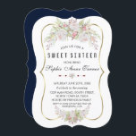 Whimsical White Pink Blume Gold Frame Sweet 16 Einladung<br><div class="desc">Einzigartiges und elegantes rosafarbenes Bouquet-Design. Es verfügt über prächtige Aquarelltöne in Weiß, rosa Rosenbouquets, einen goldenen Rahmen in den Imitaten, alles auf einem weißen Hintergrund. Auf dem marineblauen Hintergrund Pfeile mit Herz, Blume und Bräunungsinitialen. Fügen Sie Ihre Informationen hinzu. Für passende Artikel besuchen Sie bitte meine Gold-Kollektion aus White Roses....</div>