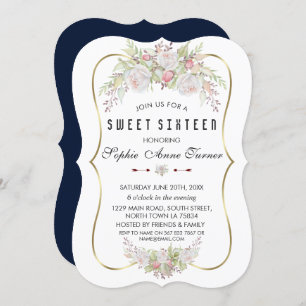 Whimsical White Pink Blume Gold Frame Sweet 16 Einladung