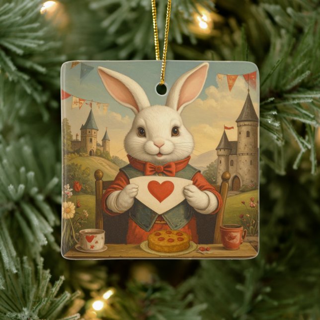 Whimsical White Rabbit Hearts Enchanted Wonderland Keramikornament (Baum)
