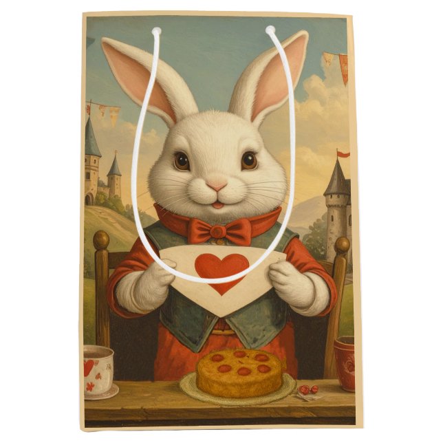 Whimsical White Rabbit Hearts Enchanted Wonderland Mittlere Geschenktüte (Vorderseite)