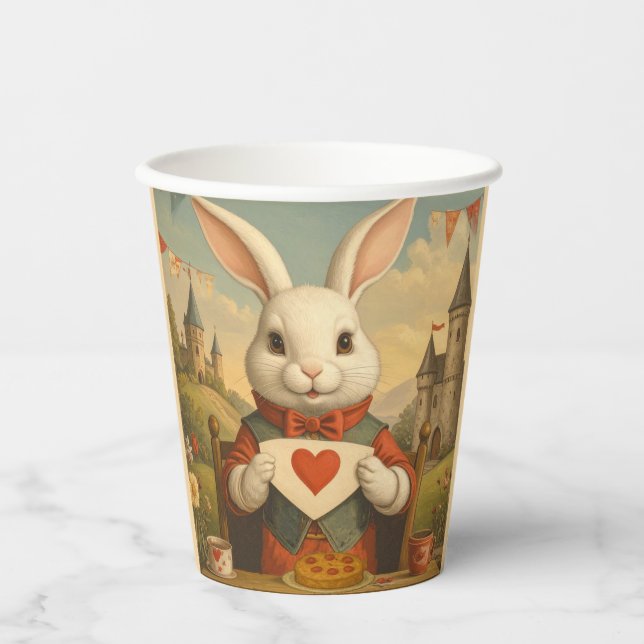 Whimsical White Rabbit Hearts Enchanted Wonderland Pappbecher (Vorderseite)