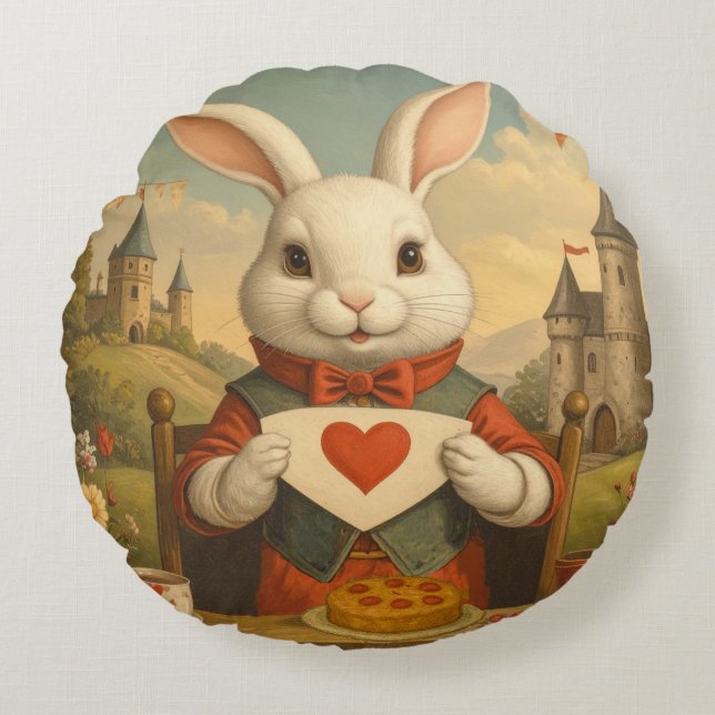Whimsical White Rabbit Hearts Enchanted Wonderland Rundes Kissen (Vorderseite)