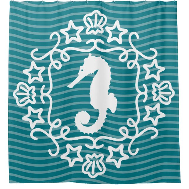 Whimsical White Seepferd Nautical Ocean Duschvorhang (Vorderseite)
