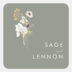 Whimsical Wildblume Bouquet Sage Green Envelope Quadratischer Aufkleber